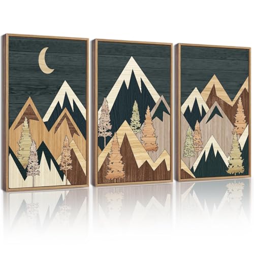 KUVIOKE Morden Mountains Framed Wall Art Boho Pine Tree Forest Nature Landscape Artwork Bohemain Farmhouse Rustic Home Decor 11x14in (Natural Framed) - color: Wooden Mountain, size: 11 x 14in x 3 Panels Natural