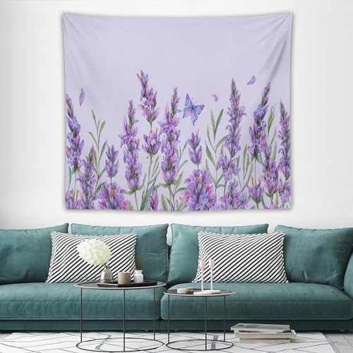 HZOHNAGO Lavender Flower Tapestry Watercolor Purple Floral Butterfly Pattern Printed Wall Tapestry Wall Hanging for Bedroom Living Room Dorm 60" W x 50" H - color: Lavender-10, size: 60"L x 50"W