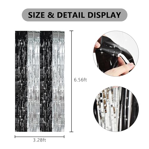 TONIFUL Silver Black Door Streamers,Silver and Black Photo Booth Backdrop Metallic Streamers Foil Fringe Curtain for Birthday,New Year,Graduation,Grad,Bachelorette Party Streamers Decoration - color: Black Silver Gold