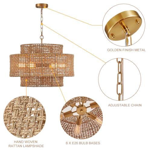 23.8" Large Rattan Chandelier Light Fixture, 6-Light Vintage Farmhouse Boho Light Fixture 3-Tier Drum Hand-Woven Wicker Gold Chandeliers for Dining Room, Kitchen, Living Room - color: Gold 23.8"
