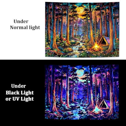Racunbula Blacklight Fantasy Forest Tapestry UV Reactive Galaxy Space Moon Tapestry Trippy Pine Trees Wall Tapestries Nature Landscape Mountain River Tapestries Wall Hanging for Bedroom - color: Forest Tree, size: 78.7"L x 59.1"W