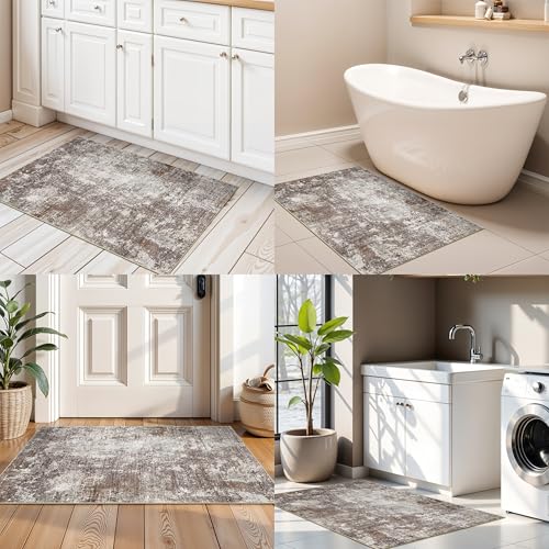 2x3 Washable Non-Slip Area Rug – Small Throw Rug for Kitchen, Entryway, Bedroom, Bathroom – Modern Abstract Neutral Soft Low Pile Thin Indoor Door Mat (Brown Beige,2x3) - color: Brown Beige, size: 2' x 3' (Rectangular)