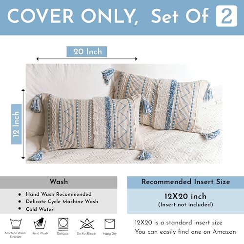 BlissBlush Decorative Lumbar Throw Pillow Covers 12x20 Combo Set of 2 Rectangular Coastal Blue Boho Accent Pillowcase Neutral Farmhouse Cushion for Couch Sofa Bedroom Living Home Décor Cover ONLY - color: Blue, size: 20" x 12" (Pack of 2)