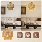 BoostArea 8.66” Boho 2-Tier Rattan Ceiling Light Fixture, Semi Flush Mount Woven Chandelier for Bedroom, Dining Room, Kitchen, Entryway, Living Room(Bulb not Included) - color: Brown