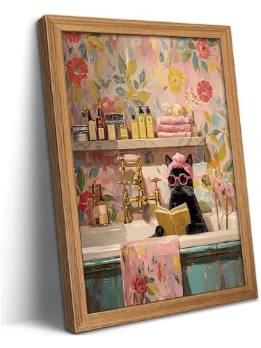 LBTZEVIR Funny Black Cat Bathroom Wall Art Framed Cat Canvas Wall Decoration Painting Pink Wall Art for Bedroom Office Bathroom Wall Decor Aesthetic Home Artwork Girls Room with Framed 12" × 16" - color: Pink Cat, size: 16"L x 12"W