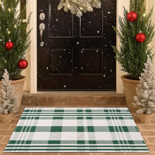 Christmas Green & White Check Rug - 28 x 43 Inches Outdoor Front Door Decor Mat Cotton Washable Hand-Woven Rug Christmas New Year Holiday Porch Entryway Layered Doormat - color: Grass Green & White Check, size: 2'4" x 3'7" (Rectangular)
