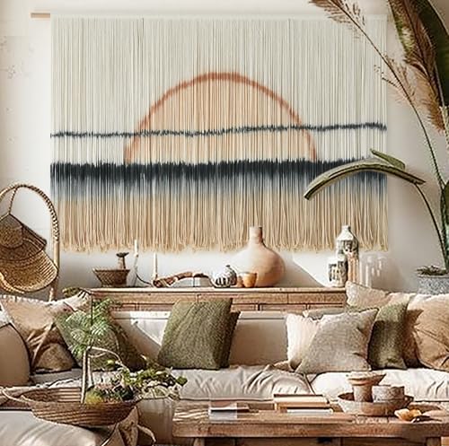Jakalin Macrame Wall Hanging Large Sunset Dip Dye Boho Tapestry Handmade Woven Cotton Wall Art for Bedroom, Living Room, Above Bed Neutral Modern Minimalist Decor 57" Wx35 L - color: Black and Brown