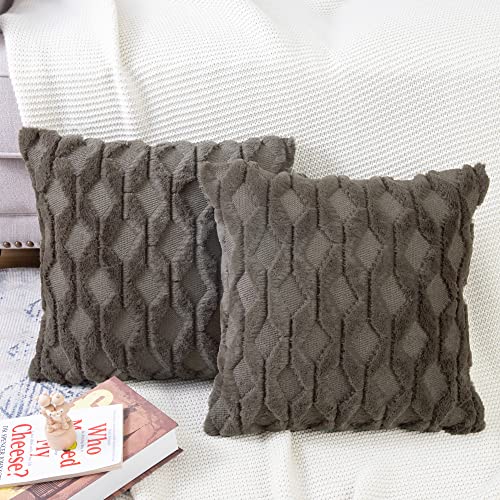 MADIZZ Set of 2 Soft Polyester Short Wool Velvet Decorative Throw Pillow Covers 26x26 inch Dark Taupe Square Luxury Style Cushion Cases European Pillow Shell for Sofa Bedroom - color: Dark Taupe, size: 26" x 26" (Pack of 2)