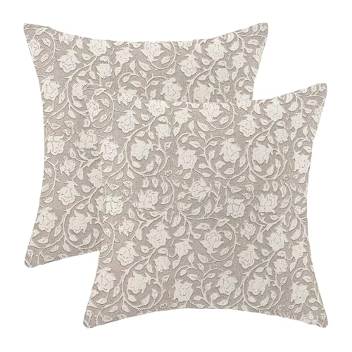 Floral Throw Pillow Covers 18x18 Set of 2, Flower Print Linen Decorative Pillow Cover Neutral Vintage Decoration Outdoor Cushion Cover Neutral Floral Pillowcase for Sofa Couch Farmhouse Room - color: Floral Neutral, size: 18" x 18" (Pack of 2)