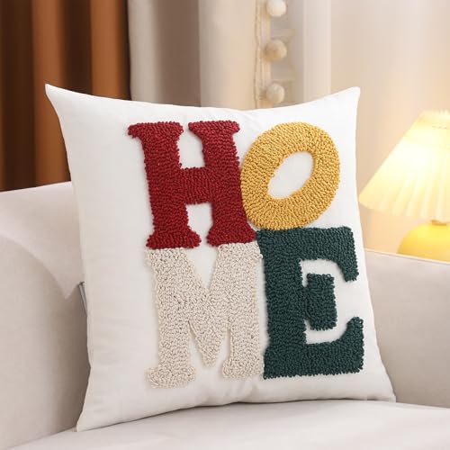 LUOYEHK Home Pillow Covers 18x18 Inch Words Tufted Embroidery Throw Pillow Covers Neutral Decorative Pillowcase Farmhouse Cushion Covers for Couch Sofa Bed Living Room - color: Home, size: 18" x 18" (Pack of 1)
