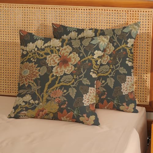Chinoiserie Throw Pillow Covers 18x18 Inch 2 Pcs Brown Grey Burnt Orange Floral Decor Pillow Covers Vintage Flower Fall Outdoor Boho Decorative Pillowcase Linen Cushion Cover for Couch - color: Chinoiserie Brown Grey Floral, size: 18" x 18" (Pack of 2)