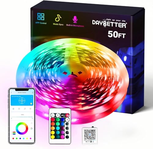 DAYBETTER Smart RGB Led Strip Lights, 50ft Led Lights for Bedroom with App Control, Multicolor Changing Led Light Strips Apply for Home Decor, Living Room, Kitchen, Home Party Decoration - size: 50 ft