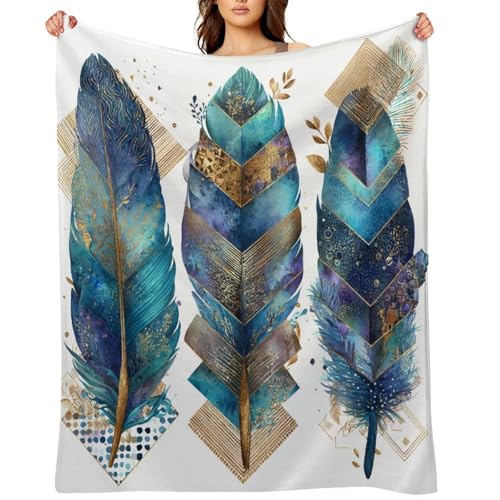 Blanket Bohemian Feather Leaf Throw Blanket for Women Men, 40"x50" Vintage Gold Geometry Plush Flannel Throws, Decor for Bed Couch Bedroom - color: Bohemian Feather Leaf, size: 40"x50"
