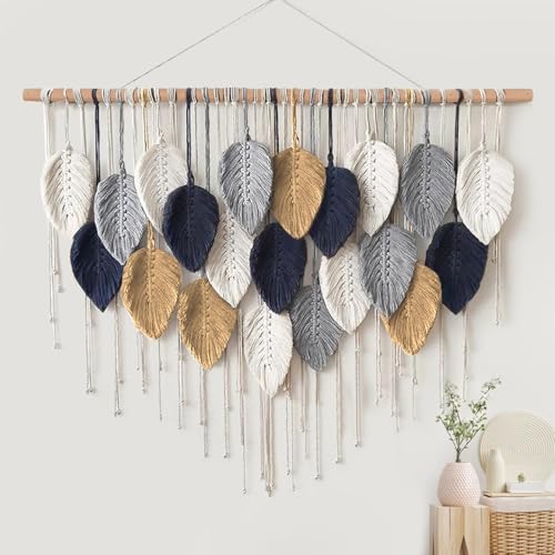 Alynsehom Large Macrame Wall Hanging, Boho Handmade Leaf Feather Bohemian Woven Tapestry, Chic Wall Art Home Decor for Bedroom Living Room Nursery Apartment Decorations(39" W x 29.5" L) - color: Dark Blue-39"W x 29.5"L