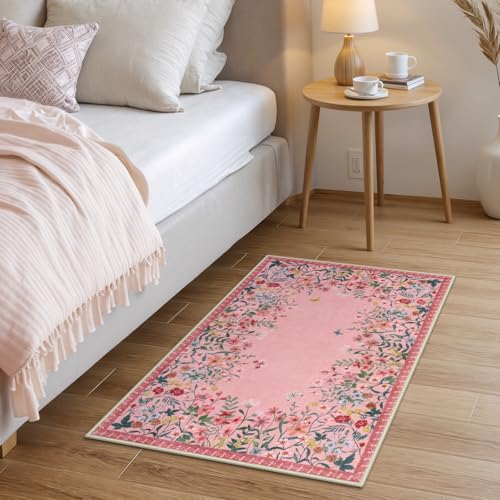 Wonnitar 2x3 Washable Area Rug, Small Pink Kitchen Mat, Boho Floral Bathroom Rug, Non Slip Accent Rug for Bedroom Bedside, Ultra Thin Laundry Door Mat Decor (2x3 Pink) - color: Pink, size: 2' x 3' (Rectangular)