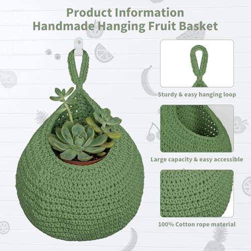 3 Pack Boho Decor Hanging Friut Baskets for Kitchen, Hand-woven Cotton Wall Baskets with Hooks 3 Sizes, Hanging Holder Teardrop Produce Basket for Fruit Vegetable Potato Onion Storage, Beige & Green - color: Beige+LightGreen+DarkGreen, size: 3 Pack