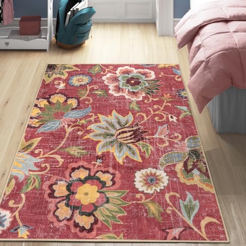 Beeiva Floral 4x6 Rug for Bedroom, Vintage Machine Washable Area Rugs, Ultra Thin Living Room Carpet Lightweight Red Paisley Print Carpet for Bedroom Entryway Bathroom Office Christmas - color: Red, size: 4' x 6' (Rectangular)