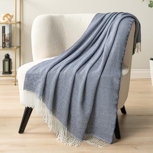 PAVILIA Navy Blue Herringbone Throw Blanket for Couch Bed, Decorative Outdoor Throw Blanket, Faux Cashmere Blanket Throw, Lightweight Accent Sofa Blanket Throw, 50x60 - color: Herringbone - Navy Blue, size: 50 X 60 Inches - Throw