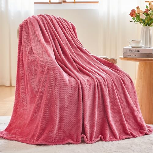 NEWCOSPLAY Super Soft Throw Blanket Coral Pink Premium Silky Flannel Fleece Leaves Pattern Lightweight Bed Blanket All Season Use (Coral Pink, Throw(50"x60")) - color: Coral Pink, size: Throw(50"x60")