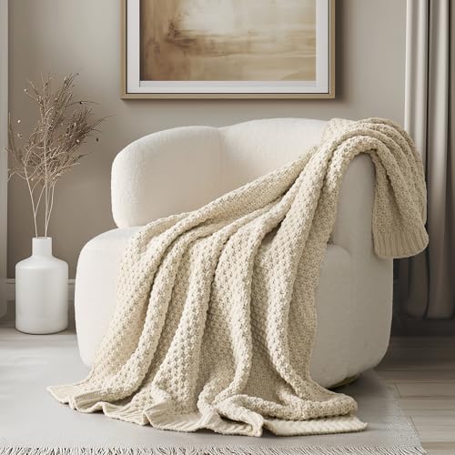 EVERGRACEHOME Chunky Chenille Knit Throw Blanket for Couch, Soft Luxurious Moss Stitch Blankets for Bed, Cozy Decorative Farmhouse Knitted Throws for Sofa, Beige, 60" x 80" - color: Beige, size: 60" X 80"