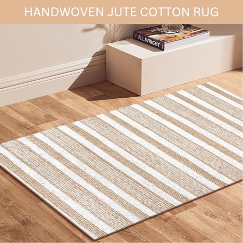 Area Rug Farmhouse 3x5 Feet - Hand Woven Jute Cotton Rug Bohemian Rustic Vintage - Non Slip Floor Rug for Bedroom Living Room Kitchen Dorm Entryway Hallway - Area Rug Natural White - color: Natural White, size: 3'x5'
