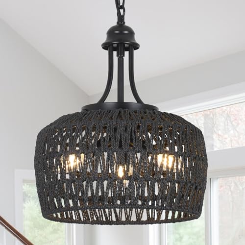 HMVPL Black Rattan Chandelier for Dining Room, 3-Light Boho Light Fixture with Woven Lampshade, Wicker Pendant Light Ceiling Hanging, Farmhouse Kitchen Chandelier for Bedroom Living Room Entryway - color: Black, size: 3-Lights (D)12.6 in