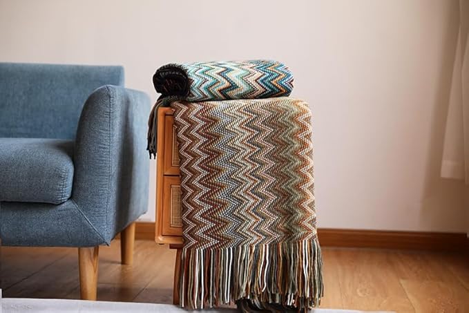 Boho Bohemian Throw Blanket for Couch Sofa Bed, Soft Cozy Lightweight Boho Blankets Knitted with Tassel, Decorative Blanket All Season 50x60 inches (Yellow)