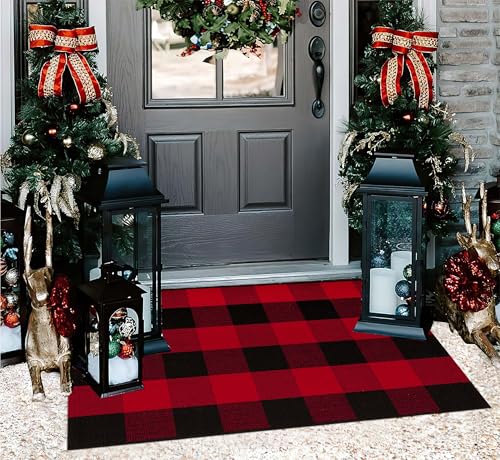 Christmas Door Mats Outdoor Rug 24'' x 35'' Red and Black Outdoor Machine Washable Welcome Mats Cotton Hand-Woven Entryway Rug for Front Porch/Entryway/Laundry/Bathroom/Bedroom - color: Red Black, size: 24''x 35''