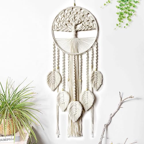 Large Tree of Life Dream Catchers, Macrame Wall Hanging Boho Handmade Woven Dream Catcher Macrame Wall Decor Art for Adults Boys Girls Bedroom Wedding Party Decor, Festival Blessing Gift（Light Beige）