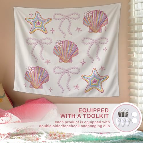 Lacama Bow Coastal Beach Tapestry, Cute Tapestry Decorative for Teen Girls Room Bedroom College Dorm Apartment, College Dorm Decor, 50x60 Inches - color: bow conch