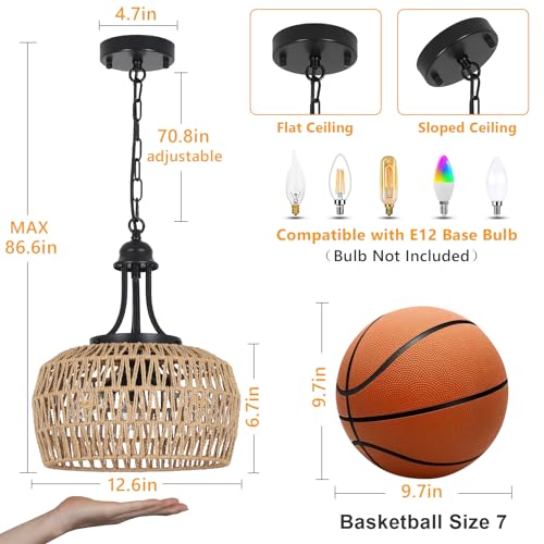 HMVPL Farmhouse Chandelier for Dining Room, 3-Light Boho Rattan Chandelier Light Fixture Ceiling Hanging with Woven Lampshade, Small Wicker Coastal Pendant Light for Kitchen Bedroom Island Hallway - color: Brown, size: 3-Lights (D)12.6 in