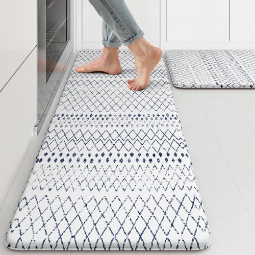 KIMODE Kitchen Mats 2PCS Cushioned Anti Fatigue Boho Kitchen Rugs and Mats Non Slip Waterproof Kitchen Mats for Floor Comfort Foam Standing Desk Mat for Home Office Sink Blue White Laundry Room Decor - color: Light Blue Diamond, size: 17.3" x 47 "+ 17.3"