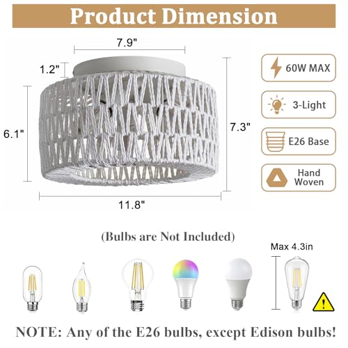 Rattan Light Fixtures Ceiling Mount, 3-Lights Boho Flush Mount Ceiling Light, Hand-Woven Cage Shade Lamp Lighting, Rustic Rattan Chandelier for Hallway Bedroom Kitchen Farmhouse Foyer Entryway (White) - color: White, size: Small