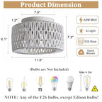 Rattan Light Fixtures Ceiling Mount, 3-Lights Boho Flush Mount Ceiling Light, Hand-Woven Cage Shade Lamp Lighting, Rustic Rattan Chandelier for Hallway Bedroom Kitchen Farmhouse Foyer Entryway (White) - color: White, size: Small