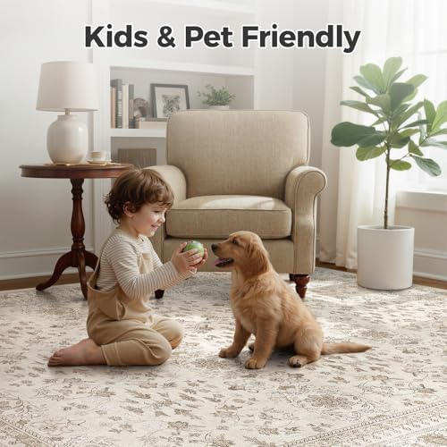 WITSHOCK 6x8 Area Rugs for Living Room - Washable Vintage Rug Retro Antique Dark Large Non Slip Low Pile Soft Indoor Floor Carpet for Bedroom Dining Room Home Decor, Beige - color: Beige/Antique Brown, size: 6' x 8' (Rectangular)