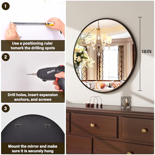 XRAMFY 18-Inch Round Wall Mirror with Aluminum Alloy Metal Frame - Ideal for Entryway, Bathroom, Vanity, Living Room - Black Finish Circle Mirror for Stylish Home Decor - color: Round-black, size: 18"L x 18"W