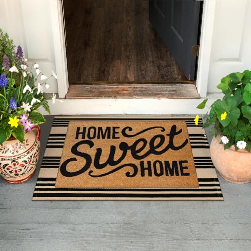 KIMODE Front Door Mats 24"x35", Striped Layered Door Mats Outdoor, Washable Farmhouse Outdoor Porch Decor, Cotton Hand Woven Rugs for Entryway Kitchen Black and Khaki - color: Black and Khaki Stripes, size: 2' x 3' (Rectangular)