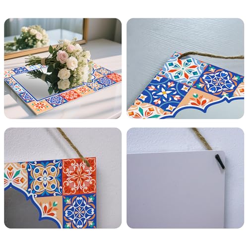 Rectangle Mirror for Wall, 12"x16" Decorative Wall Mirror, Flower Blue Mosaic Mirrors, Wall Mirrors Decor with Hanging Rope for Living Room, Entryway, Bedroom, Dining, Kitchen - color: Flower Blue