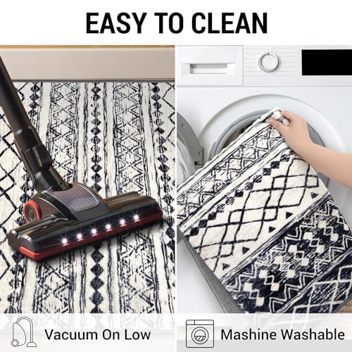 KUTA Moroccan Washable Runner Rugs 2x5, Non-Slip Vintage Black Navy Blue Boho Hallway Kitchen Rugs Ultra Soft Geometric Floor Carpet Runners for Bedroom Laundry Living Room - color: Beige/Black Navy Blue, size: 2' x 5' (Runner)