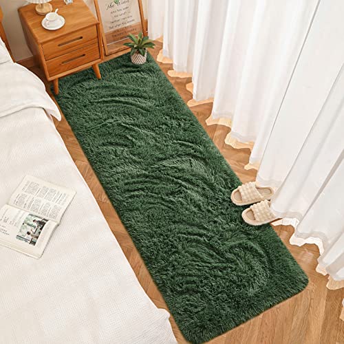 DweIke Fluffy Dark Green Runner Rugs for Bedroom, 2x6 Feet Soft Plush Long Runners for Girls Boys Kids, Non-Slip and Machine Washable Bedside Rug, Small Throw Carpet for Hallway Rooms Decor - color: Dark Green, size: 2 Ft X 6 Ft