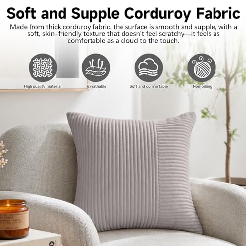 Corduroy Throw Pillow Covers, Cozy Cushion Covers for Home Decor, Zippered Pillowcases for Couch and Bed - color: Grey Corduroy Pillowcase