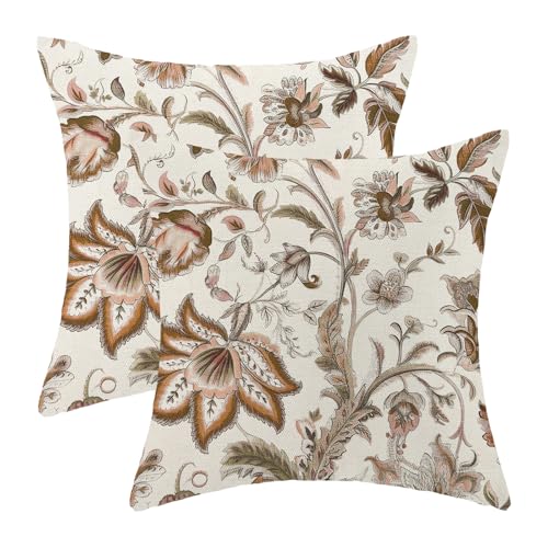 Chinoiserie Pillow Covers 16x16 Set of 2 Vintage Brown Floral Throw Pillow Covers Outdoor Decoration Boho Brown Flower Pillowcase Farmhouse Decorative Linen Cushion Case for Home Sofa Couch - color: Chinoiserie-floral-brown, size: 16" x 16" (Pack of 2)