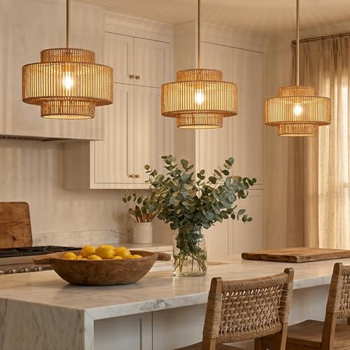Boho Rattan Pendant Light, 12.6" Hand-Woven Wicker 1-Light Chandelier with Gold Metal Finish, Adjustable Hanging Ceiling Lamp for Kitchen Island, Dining Room, Bedroom, Coastal Farmhouse