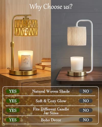 Candle Warmer Lamp with Timer, Dimmable Candle Warmer for Jar Candles, Height Adjustable Candle Lamp Warmer, Boho Rattan Lampshade and 2 Bulbs, Gift for Home Room Decor, Gifts for Women Mom (Gold) - color: Boho-gold