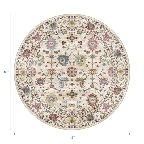 LUXRUG Washable Round Area Rug 4ft - Cream Colorful Traditional Floral Boho Living Room Circle Rug 4x4 Non-Slip Carpet Soft Vintage Bohemian Round Rugs for Bedroom Bathroom Kitchen Nursery - color: Cream Multi, size: 4' (Round)