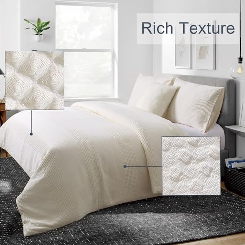 YINFUNG Waffle Duvet Cover Beige 100% Cotton Cream King Textured Off White Ivory Waffle Weave Knit Striped Tufted Geometric Bedding Set Hotel 104x90 - color: Ivory, size: King