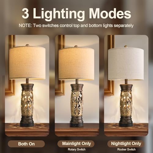 BOBOMOMO 27.25” Antique Gold Table Lamps Set of 2 – Farmhouse Bedside Lamps with Night Light & USB A+C Ports, Vintage Lamps for Bedroom, Living Room, Entryway, Nursery, Reading Nook(Bulbs Included - color: Antique Gold