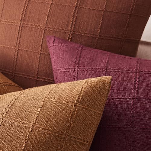 ZeeMart Linen Checked Throw Pillow Covers Set of 2, 22x22 Inch Allover Grid Caramel, Farmhouse Decorative Double Sided Grid Embroidered Couch Pillow Cases Burnt Orange Cotton Linen Cushion Covers ﻿ - color: Allover Grid Caramel, size: 22" x 22" (Pack of 2
