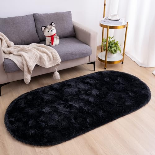 Goideal Fluffy Bedroom Rug, Small Oval Area Rugs, Black Shag Bedside Carpet for Kids Room Nursery Dorm Cute Fuzzy Indoor Decor for Boy and Girl, 2.6 x 5.3 Feet - color: Black