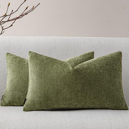 a moment Pack of 2 Decorative Chenille Throw Pillow Covers with Twill Cushion Covers for Sofa Living Room Couch Bed 12x20 Inch Moss Green - color: Moss Green, size: 20" x 12" (Pack of 2)